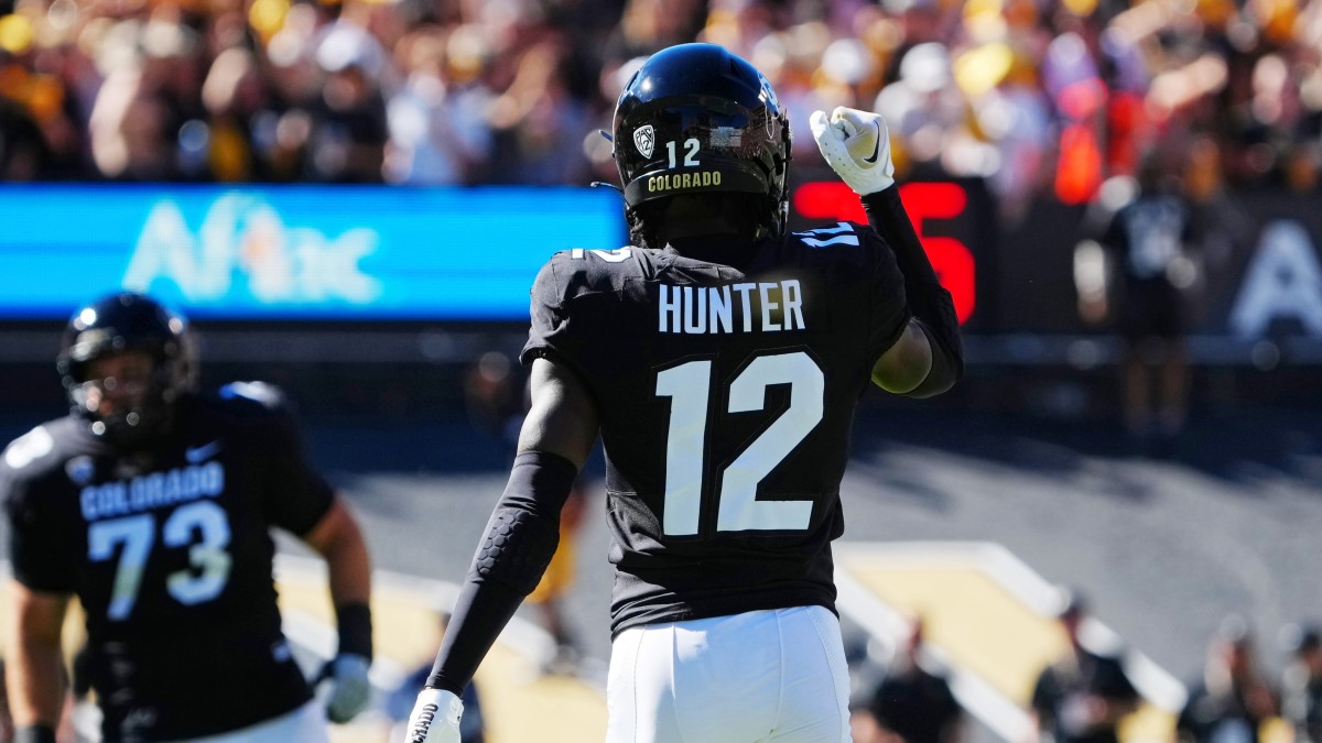 Travis Hunter celebrates during Colorado’s win over Nebraska.